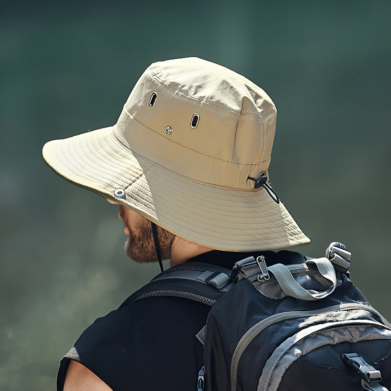 Packable men's UV protection beach hat, breathable and wide brim for versatile outdoor summer wear.