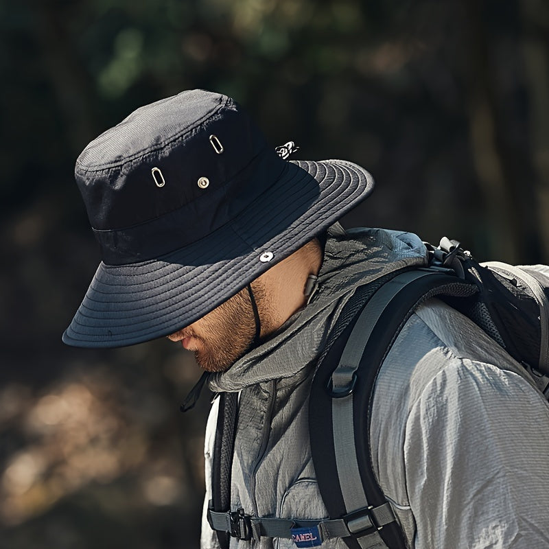 Stylish men's outdoor sun hat with wide brim, offering essential UV protection for beach & walking.