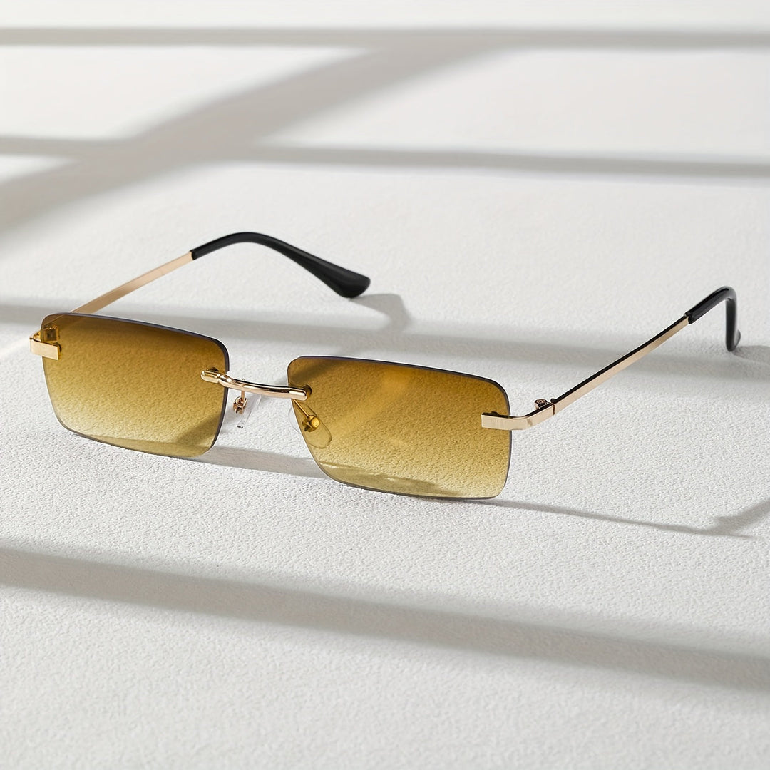 Modern men's frameless eyewear, a lightweight fashion accessory for stylish shades and UV defense.