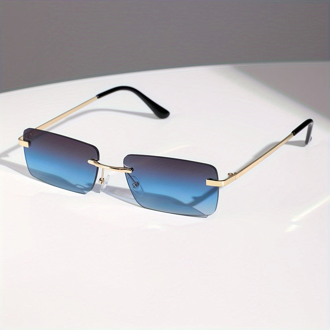 Man wearing sleek frameless sunglasses, showcasing modern style, lightweight comfort & UV protection.
