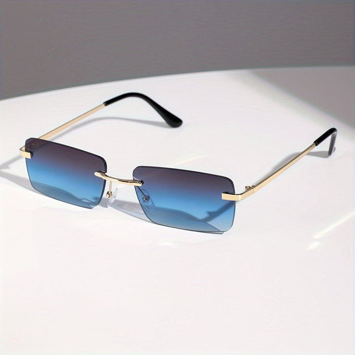 Man wearing sleek frameless sunglasses, showcasing modern style, lightweight comfort & UV protection.