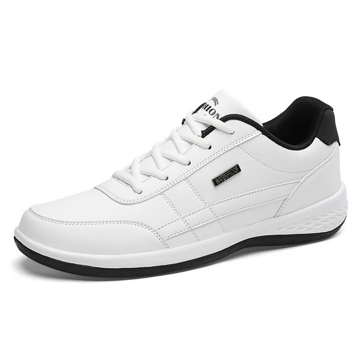 Close-up of men's running sneakers, showcasing breathable mesh and cushioned sole.