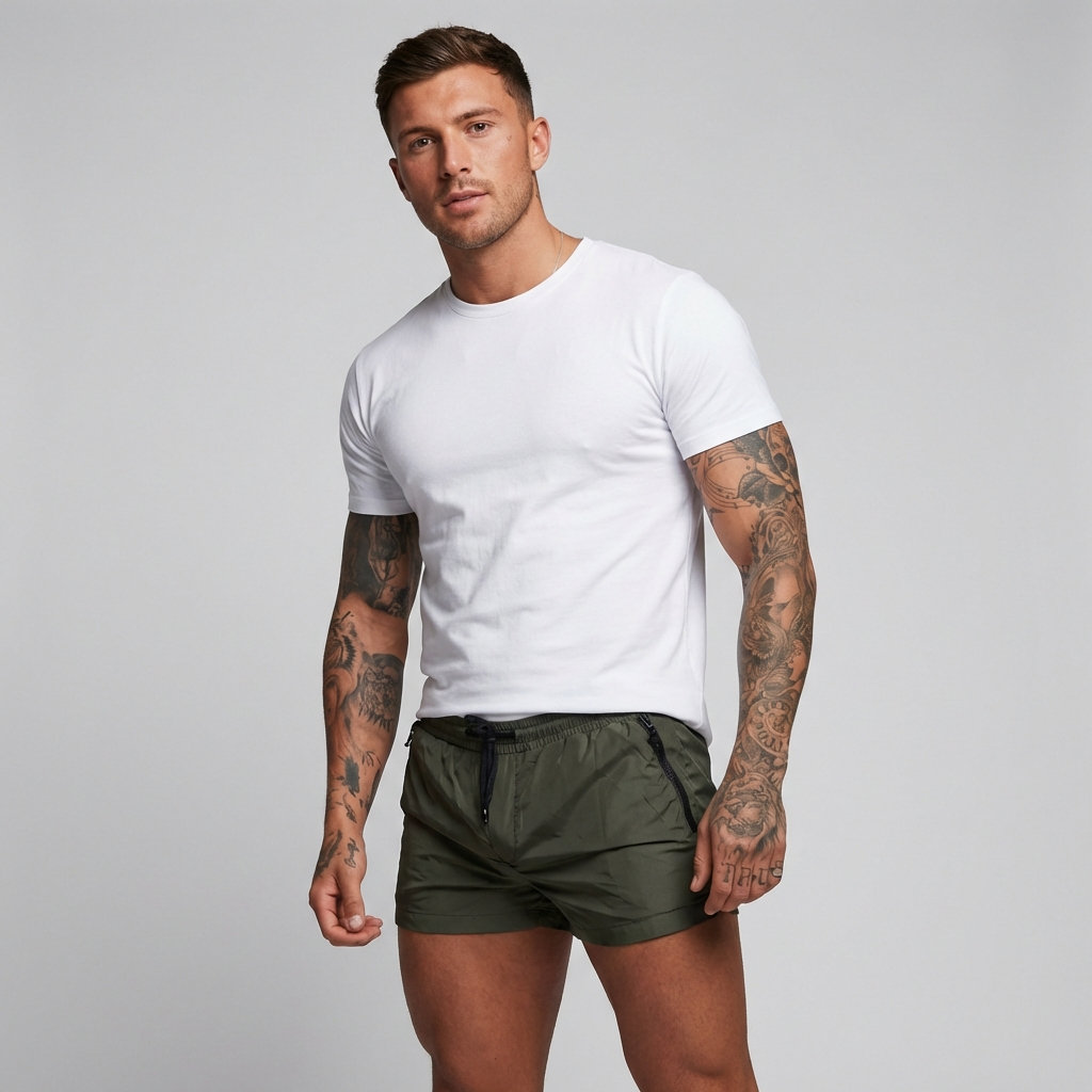 Premium men's quick-dry swim shorts with secure zipper pockets, essential beachwear for summer.
