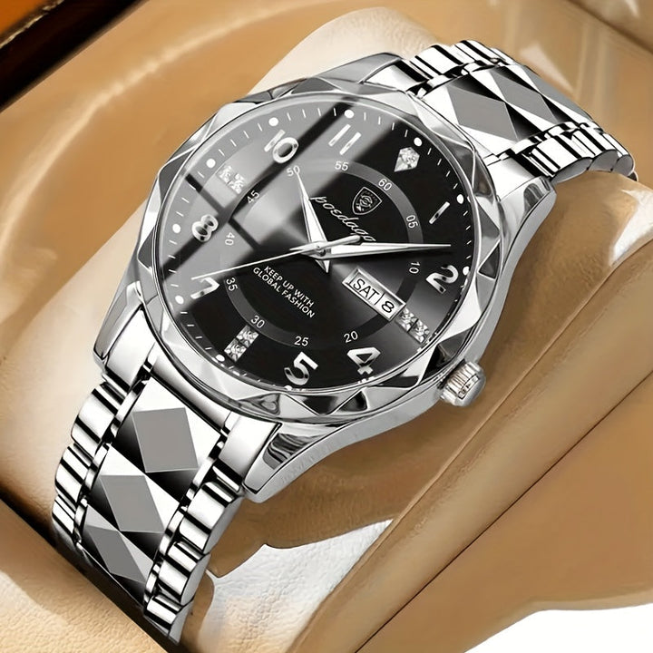 The digital display of a men's titanium sports watch, showing time, date, and stopwatch functions.