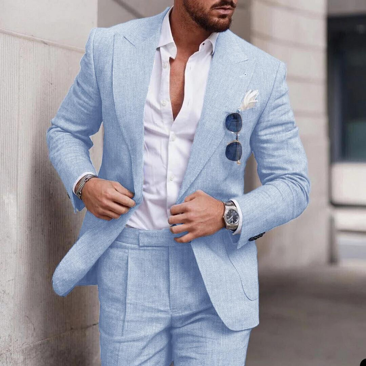 Men's Trendy Linen 2-Piece Beach Wedding Suit, perfect for summer formal events & groom attire.
