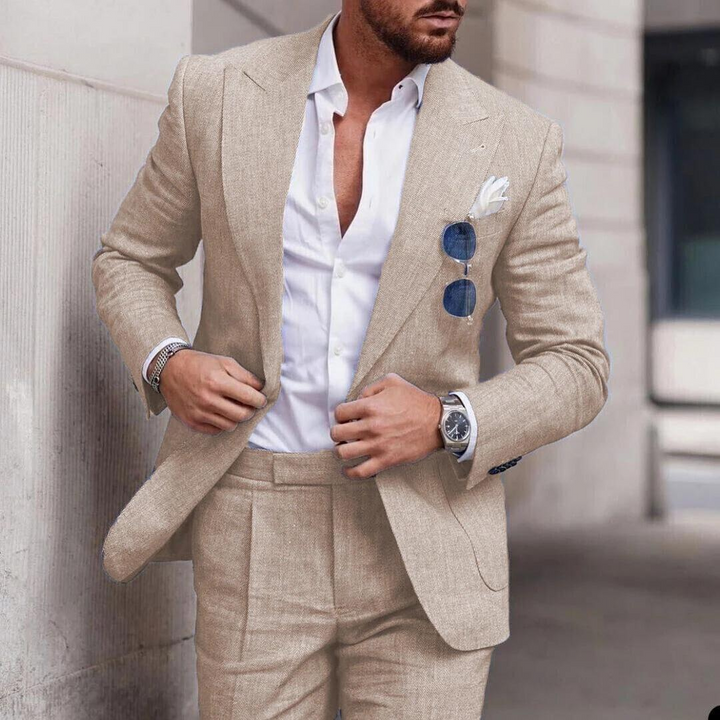 Lightweight men's linen suit with a tailored fit, ideal for beach weddings, summer parties & special occasions.