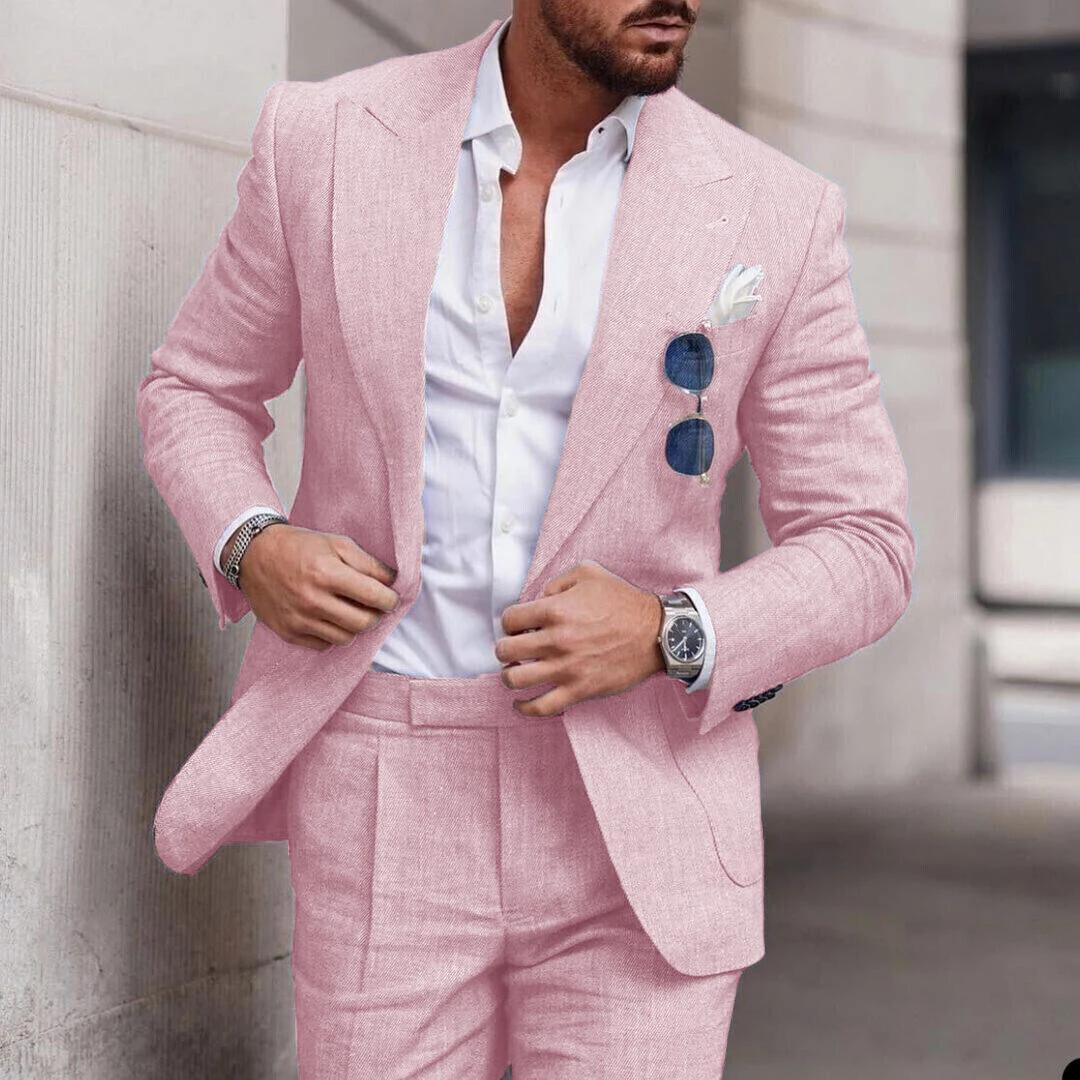 Stylish two-piece men's suit in breathable linen, designed for elegant beach weddings and warm weather events.