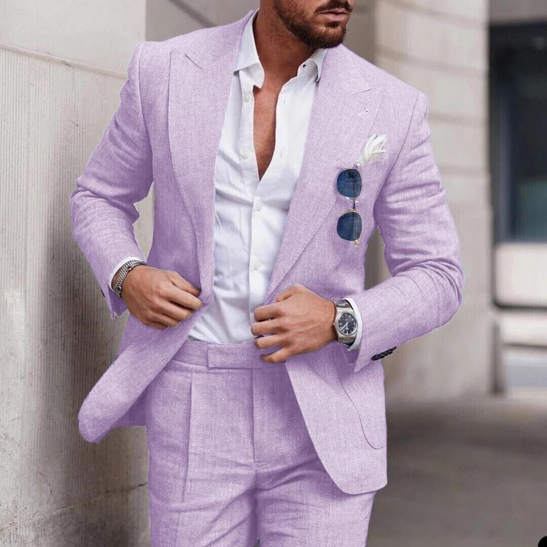 Groom's trendy linen beach wedding suit, a comfortable & stylish choice for summer formal wear and parties.
