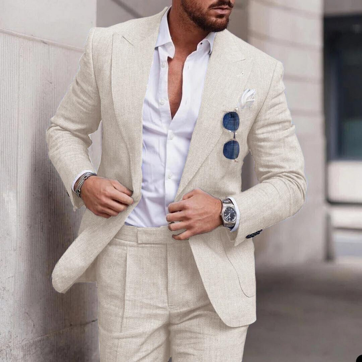 Elegant men's summer suit, lightweight linen 2-piece, perfect for beach weddings & special occasions.