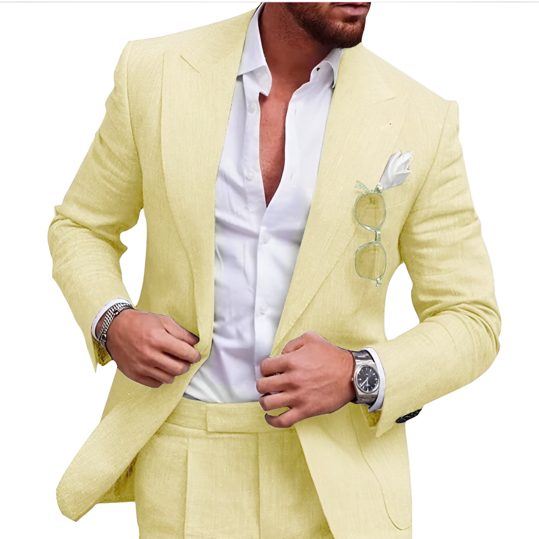 Tailored men's linen suit jacket & trousers, ideal formal wear for beach weddings, cruises, and summer celebrations.