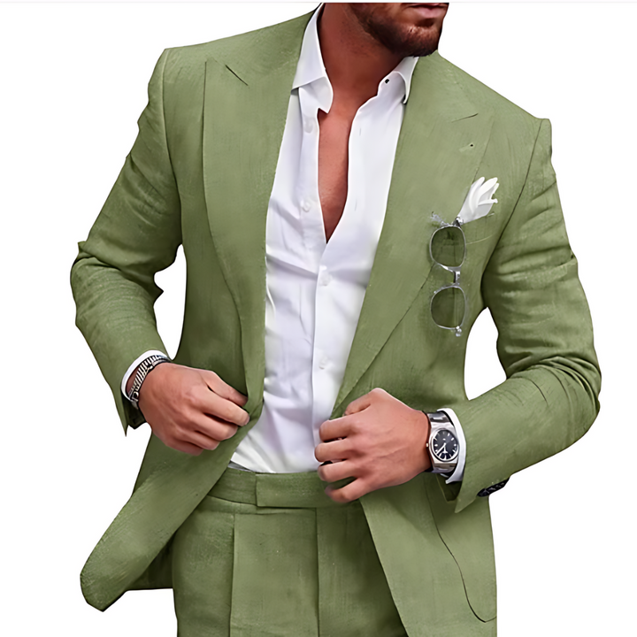 Modern men's two-piece linen suit, offering a relaxed yet refined look for beach weddings & casual formal events.