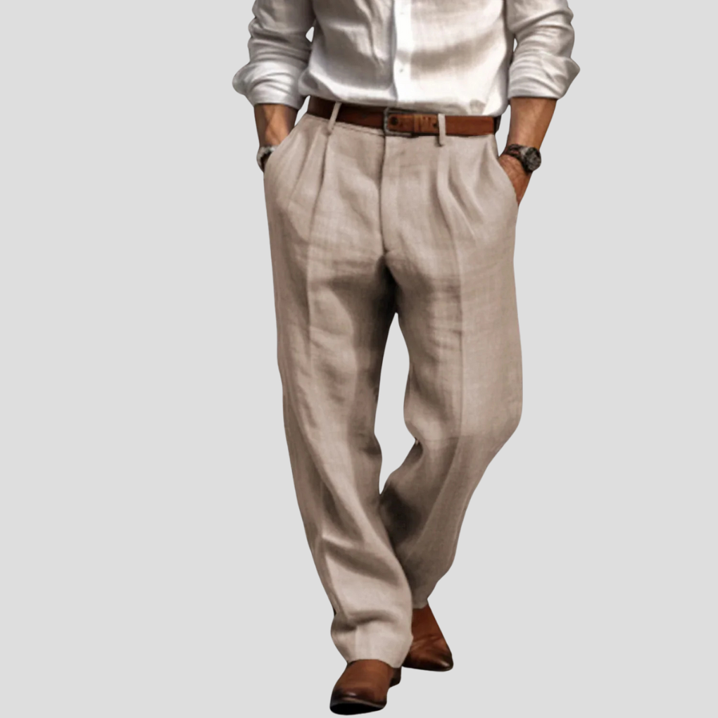 Men's woven trousers in neutral tone, offering refined style and casual comfort. Perfect for smart casual wear.