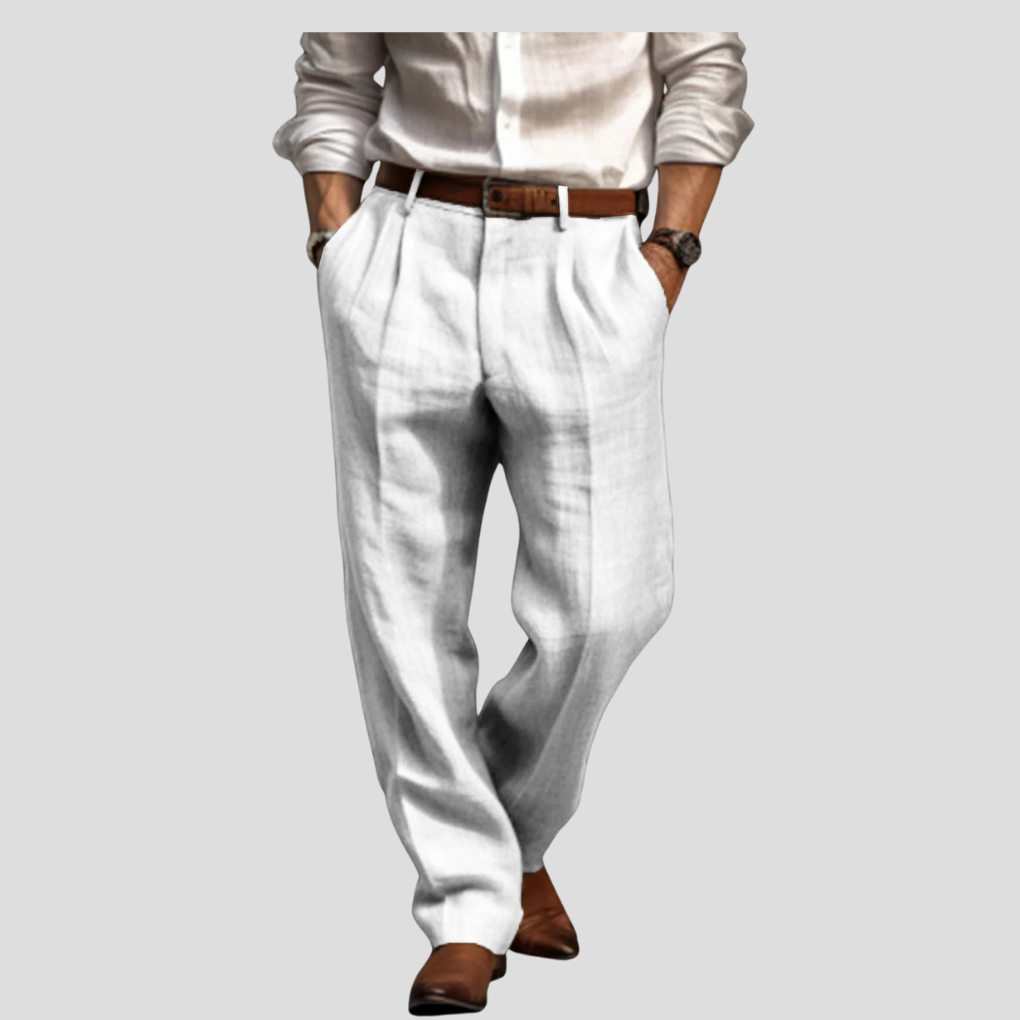Pleated men's woven trousers, ideal for a smart casual look or comfortable everyday wear in a neutral color.