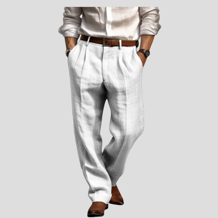 Pleated men's woven trousers, ideal for a smart casual look or comfortable everyday wear in a neutral color.
