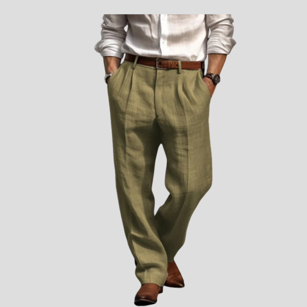 Stylish neutral-colored men's woven pants. Refined straight-leg design, perfect for versatile men's fashion.