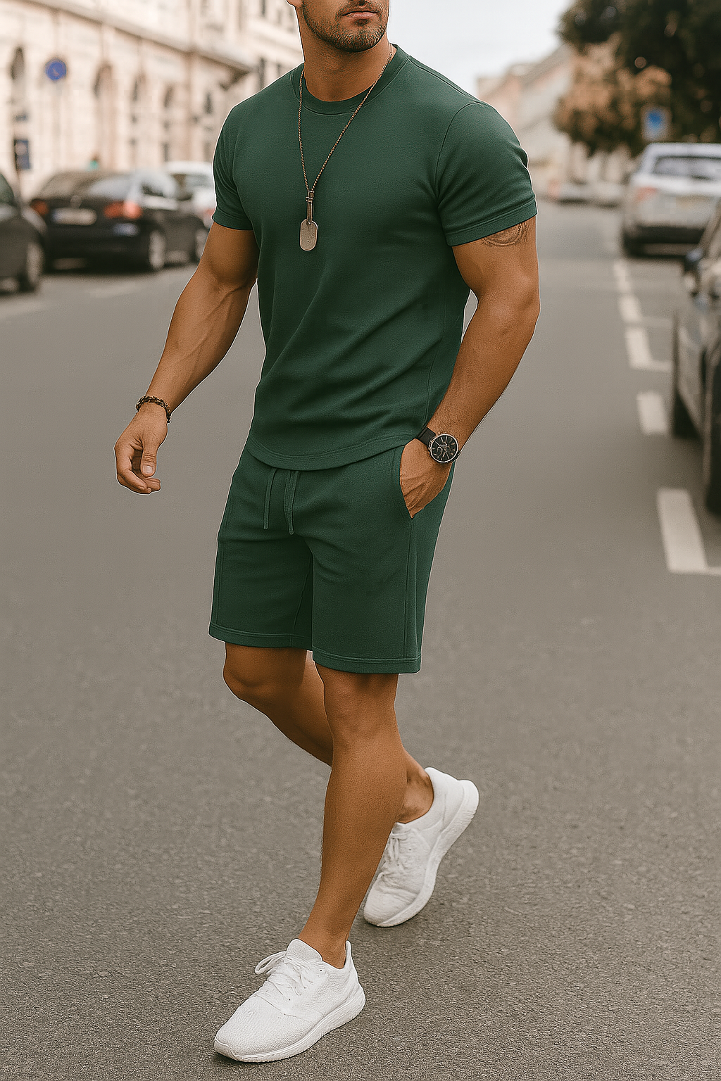 Men's two-piece summer outfit: short sleeve tee and matching shorts.
