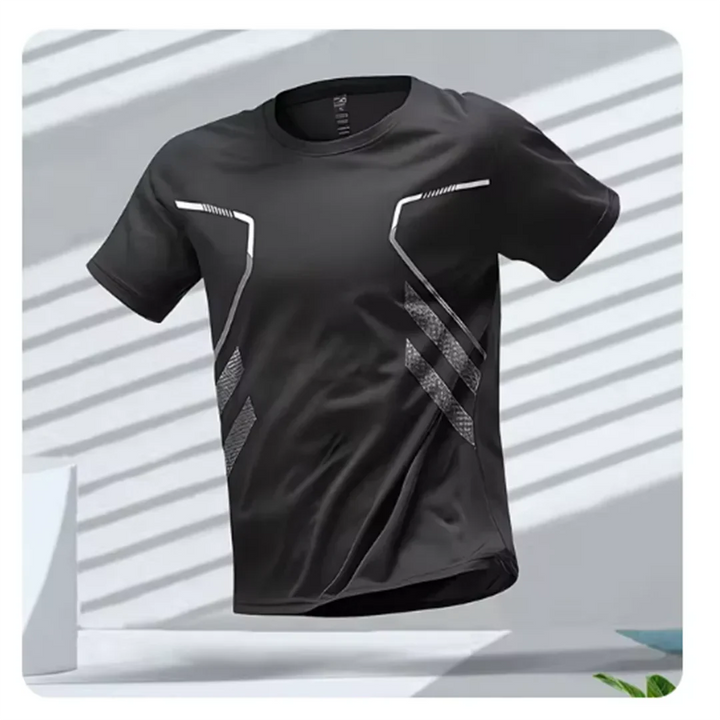 Close-up of men's performance t-shirt fabric, highlighting breathable, moisture-wicking material for active wear.