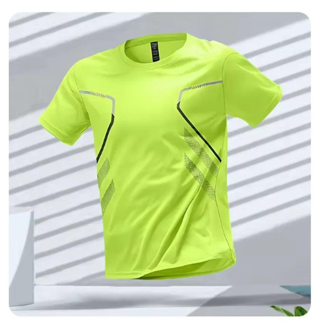 Man running in a short sleeve performance t-shirt. Ideal breathable, moisture-wicking activewear for sports & workouts.