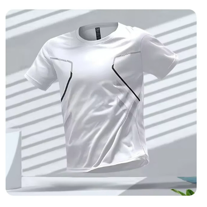 Back view of men's Ultra-Comfort performance t-shirt, showcasing athletic fit & short sleeves. Great for gym & casual.