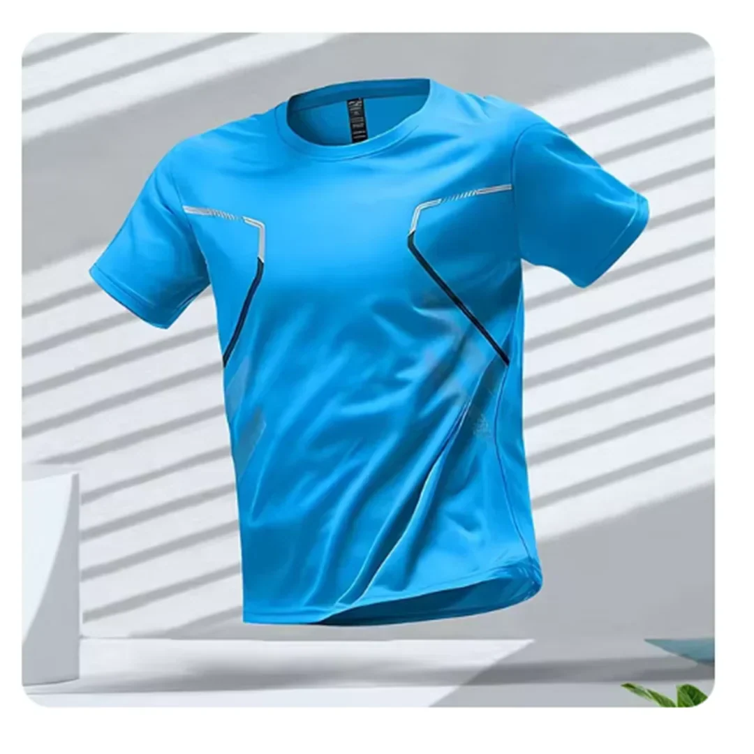Man in a casual setting wearing a comfortable men's performance t-shirt. Versatile for summer, gym, or everyday.