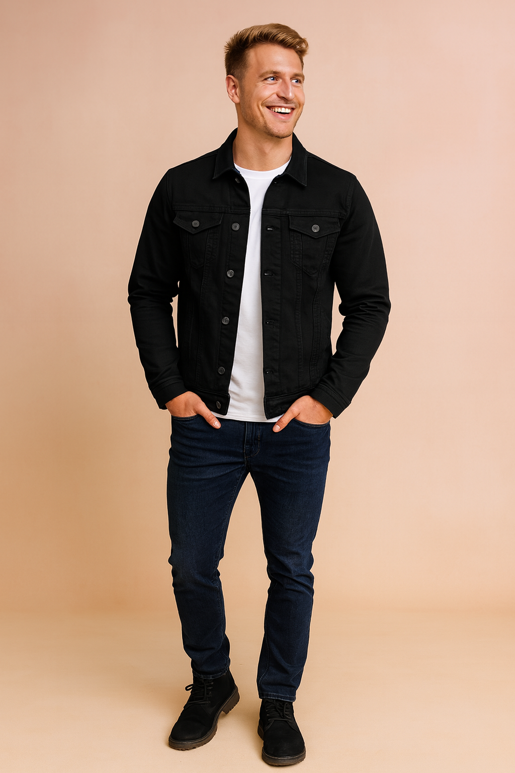 Fitted men's casual button-up jacket in an urban style, suitable for various occasions.