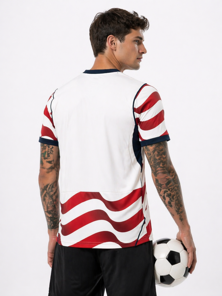 Close-up of the Men's USA Soccer Jersey, highlighting the team crest and 2026 World Cup details