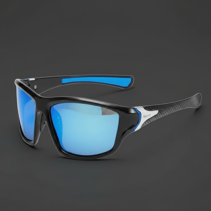 Athletic men's sunglasses: UV400 polarized lenses, lightweight frame, rubberized temples. Ideal for outdoor sports.