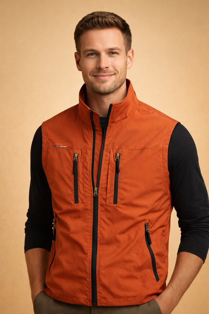 Men's versatile outdoor utility vest with multiple zip pockets for hiking, travel, and casual wear.