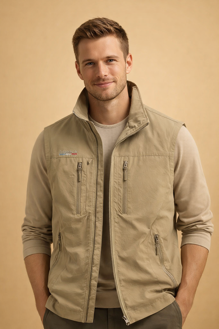 Durable men's travel vest with many pockets, ideal for hiking, camping, or everyday utility.