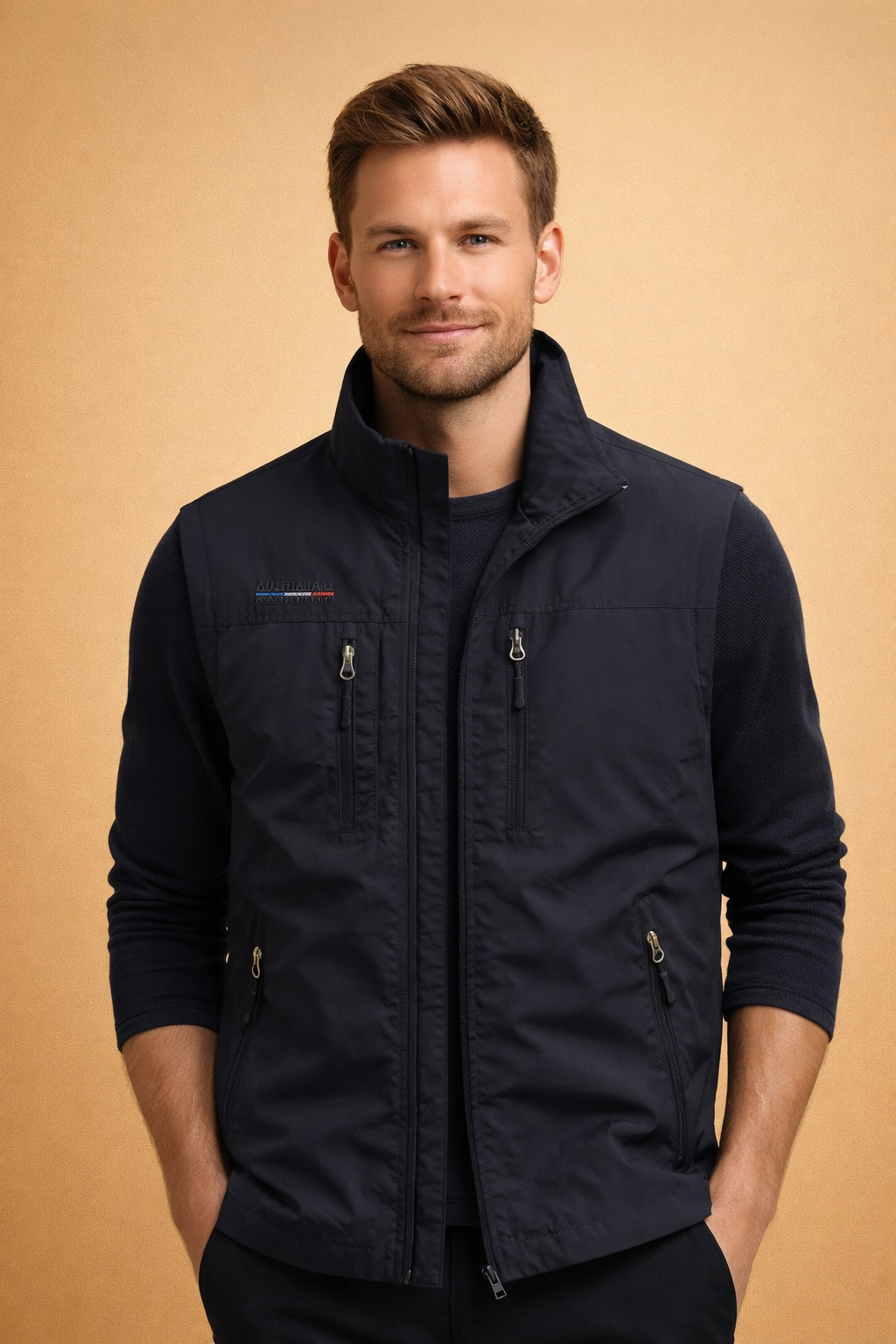 Man wearing a functional men's outdoor utility vest, perfect for hiking and keeping essentials organized.