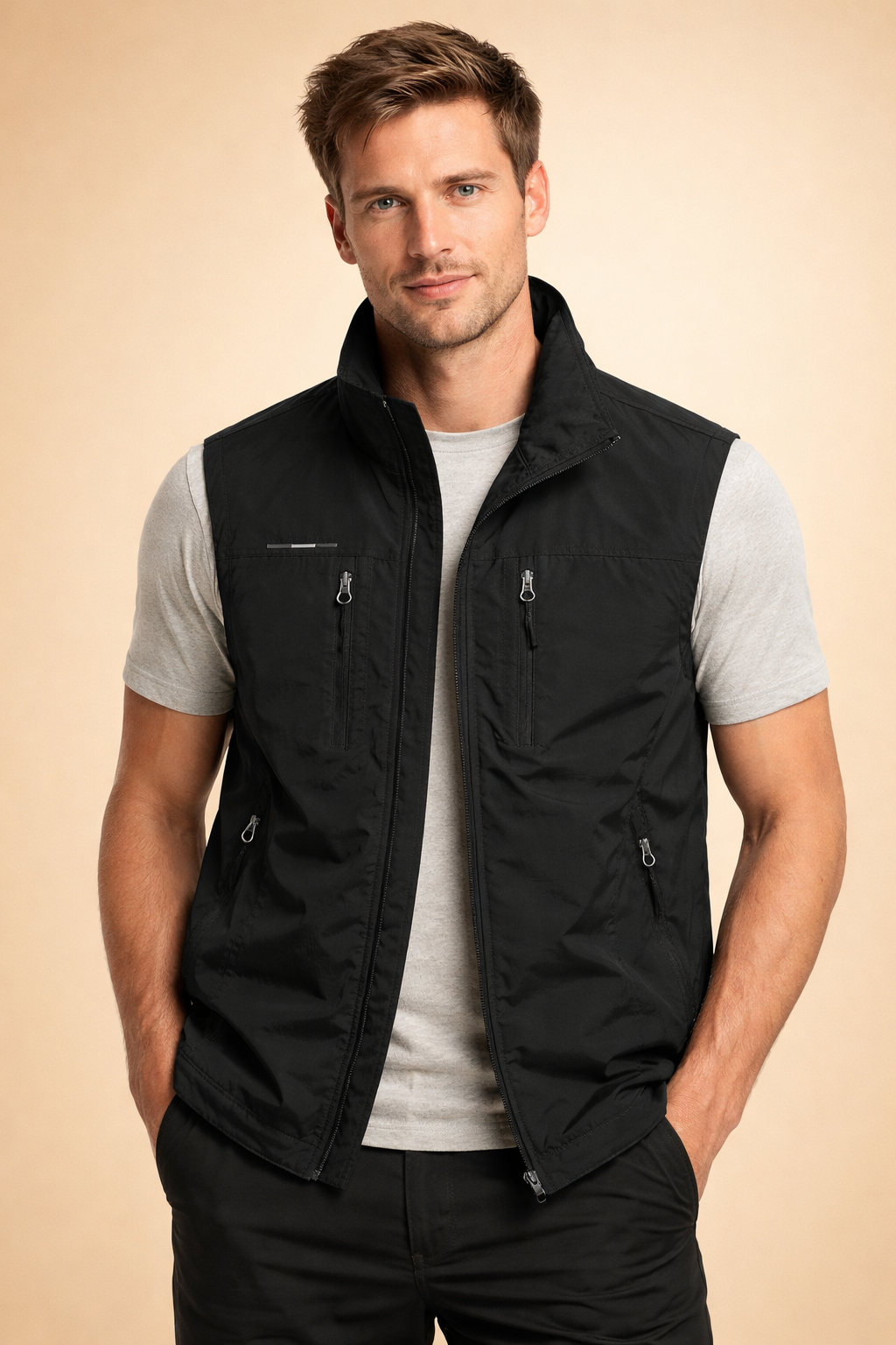 Stylish men's utility vest with many zippered pockets, great for casual layering or outdoor activities.