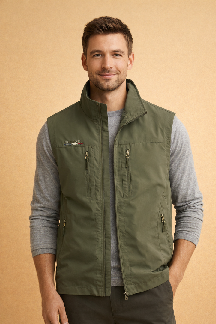 Versatile men's multi-pocket bodywarmer vest, ideal men's apparel for outdoor utility, travel, & camping.