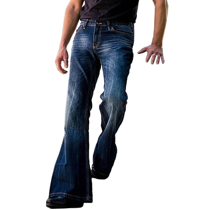 Men's vintage blue flared jeans, washed denim for retro casual style and comfort.