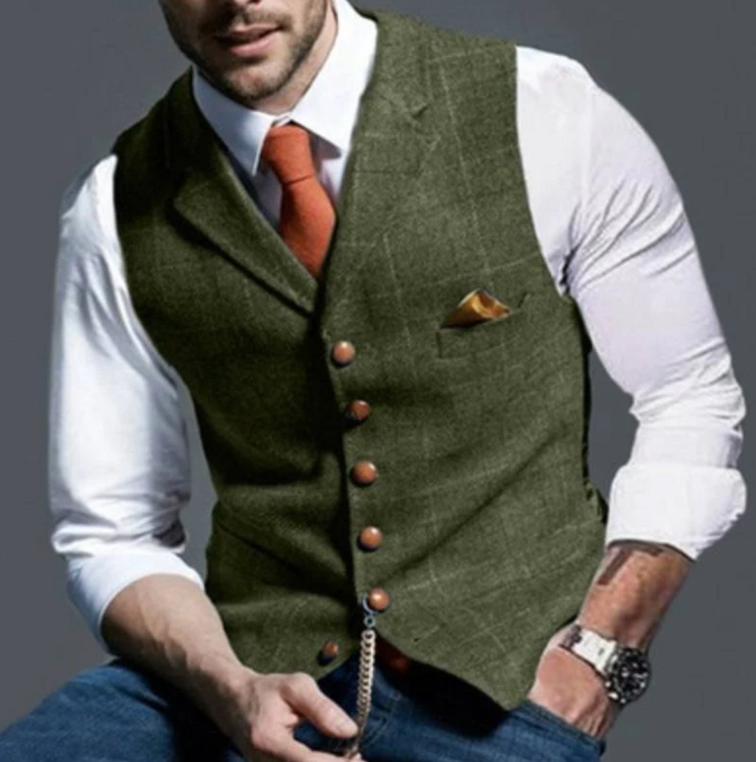 Man wearing a classic men's vintage vest as a stylish layering piece over a shirt.