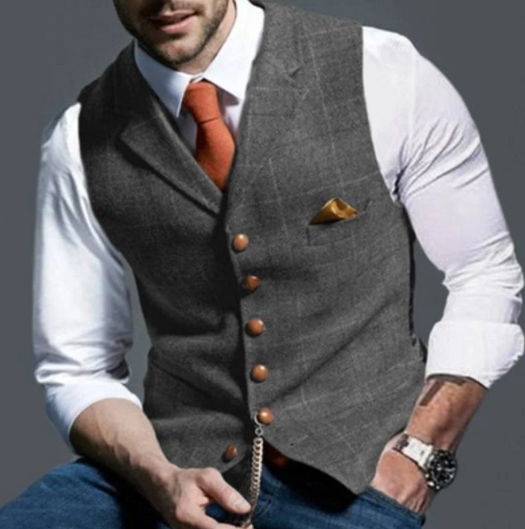 Back view of a men's vintage vest, emphasizing its tailored fit and modern menswear design.