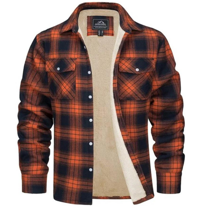 Men's warm plaid winter jacket. Stylish outerwear for cold weather. Cozy and fashionable men's fashion.