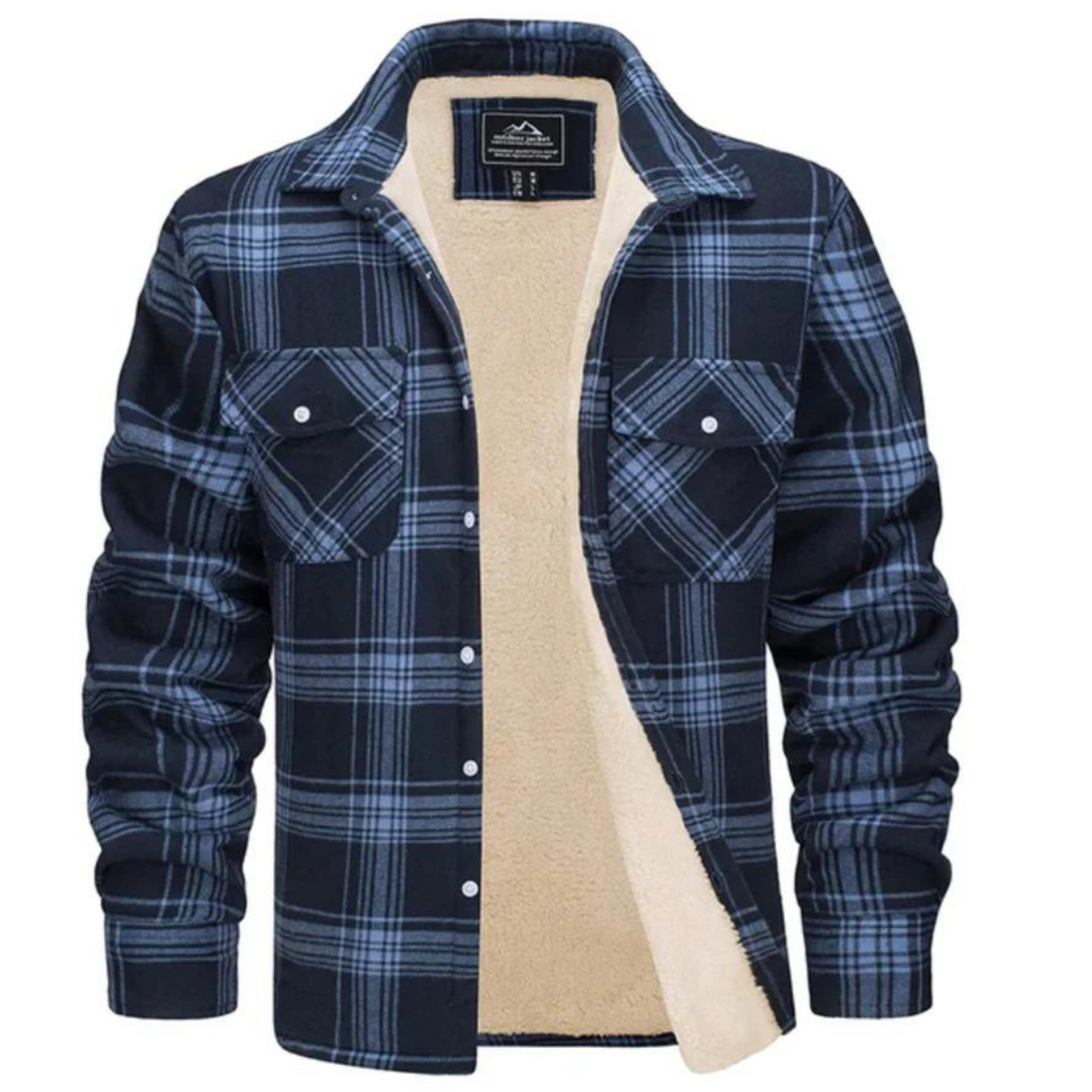 Warm men's plaid winter jacket, perfect for cold weather. Stylish, cozy casual outerwear for men's fashion.