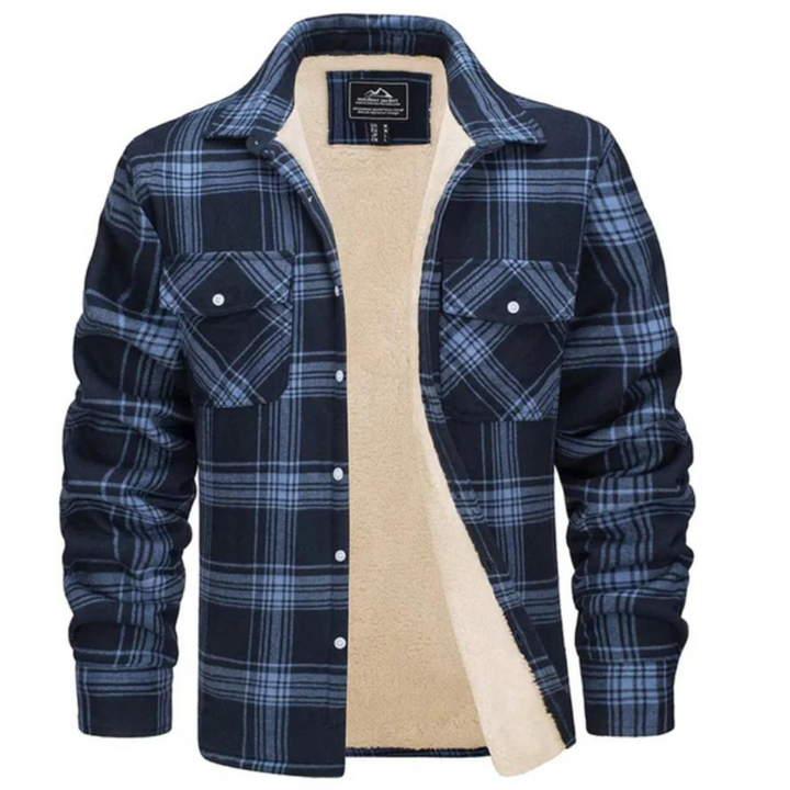 Warm men's plaid winter jacket, perfect for cold weather. Stylish, cozy casual outerwear for men's fashion.