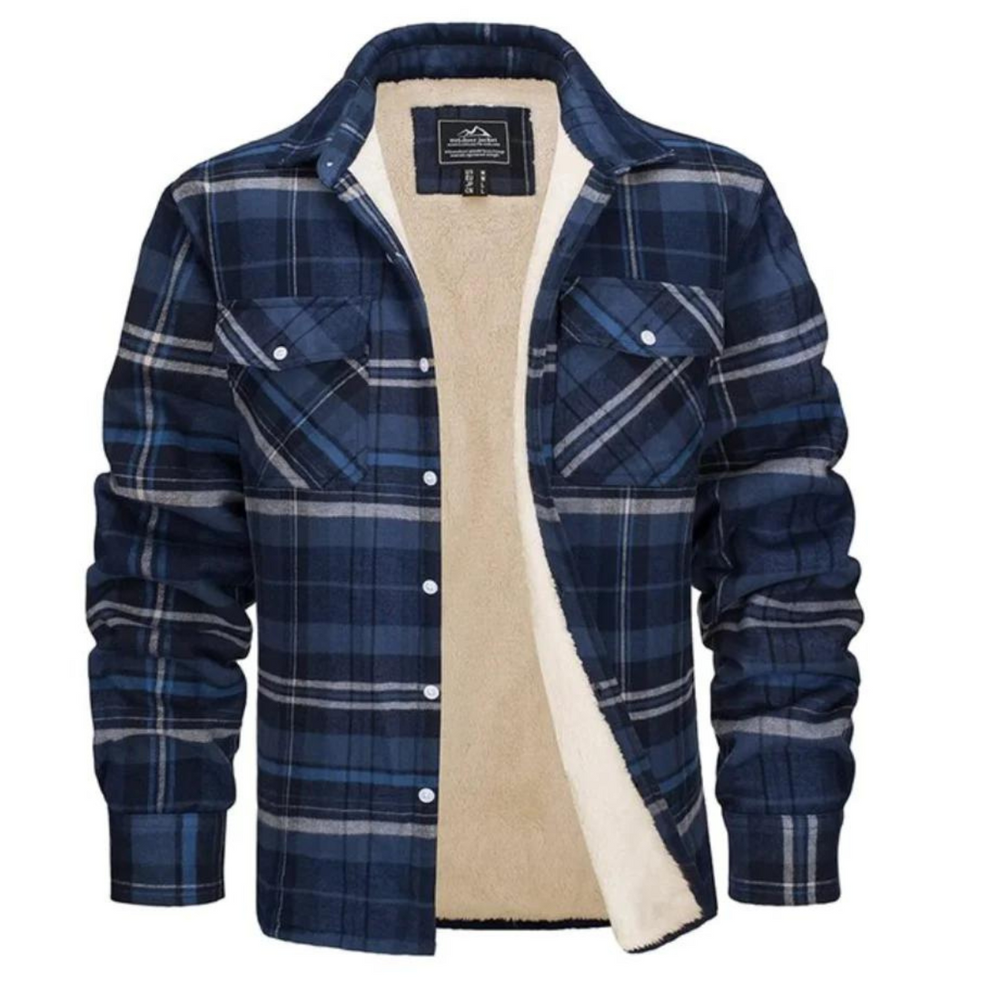 Plaid winter jacket for men. Warm and stylish outerwear, excellent for cold weather layering and fashion.