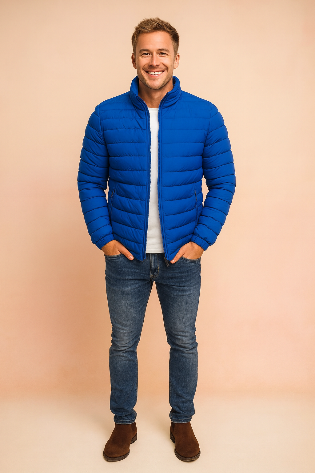 Men's warm puffer jacket for ultimate cold weather comfort. Ideal winter outerwear & layering.