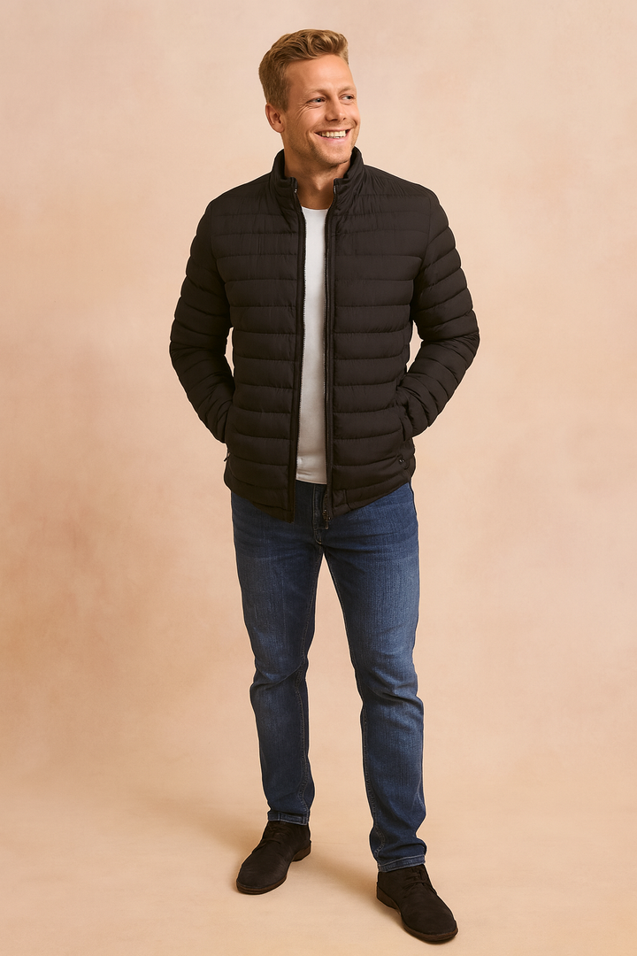 Stylish men's hooded puffer jacket, quilted design. Perfect casual winter outerwear for extreme cold.