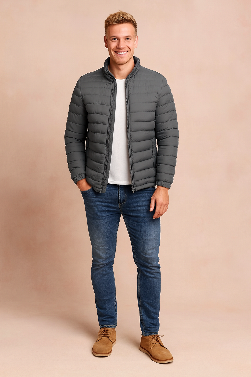 Durable men's winter puffer jacket provides superior warmth and cold weather protection. Essential outerwear.