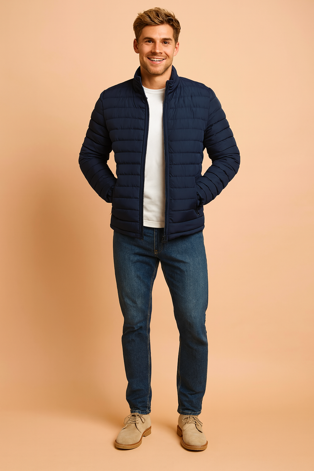 Close-up of men's quilted puffer jacket texture, showcasing warmth, quality & cold weather readiness.