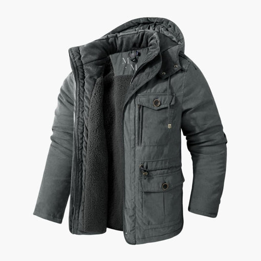 Men's warm winter jacket with hood, ideal for everyday outerwear & cold weather protection.