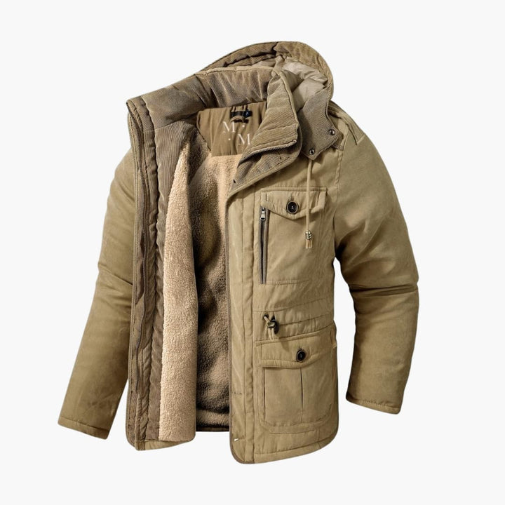Utility men's winter jacket with hood for superior warmth, comfort, and protection in cold weather.