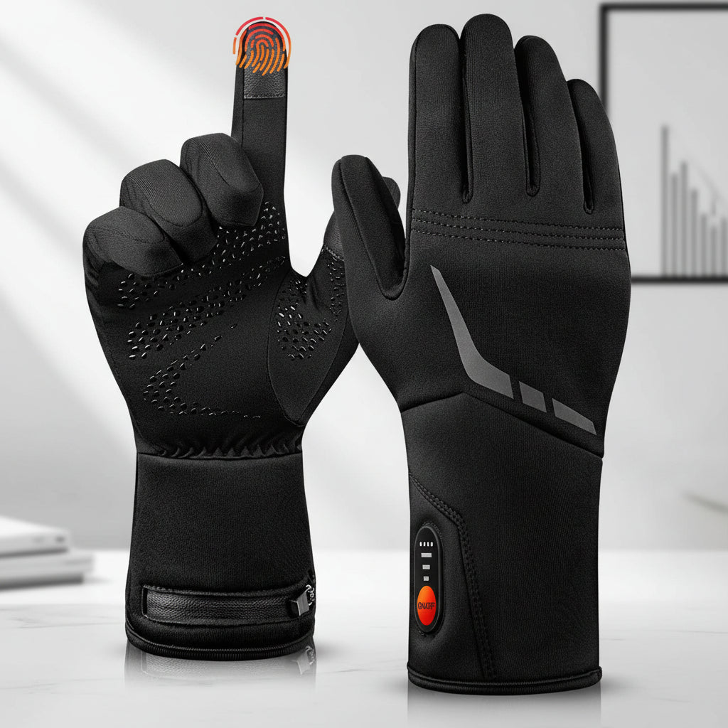 Close-up of men's heated ski gloves showing durable waterproof material