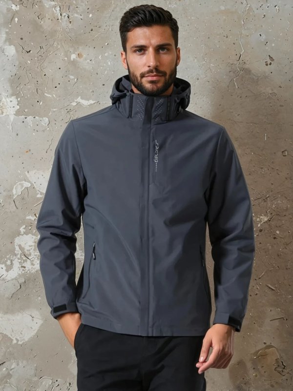 Men's waterproof & windproof hooded rain jacket with zip pockets, ideal for hiking & outdoor activities.