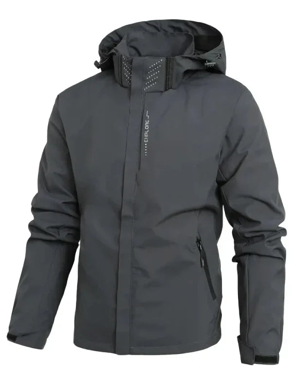 All-weather men's waterproof rain jacket with hood & zip, providing windproof protection for hiking & travel.
