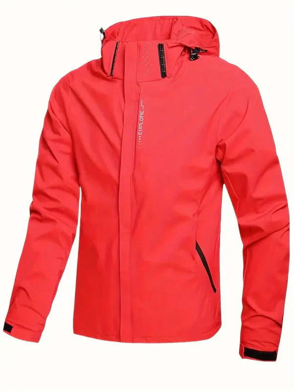 Men's activewear hooded rain jacket, waterproof & breathable, with full zip and secure pockets for outdoor use.