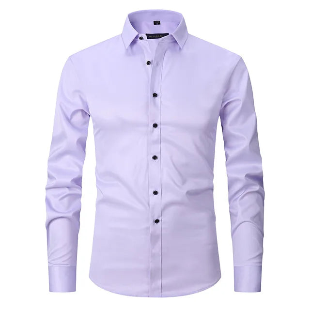 Stack of men's Noah wrinkle-free stretch shirts, showcasing diverse color options for men's fashion.